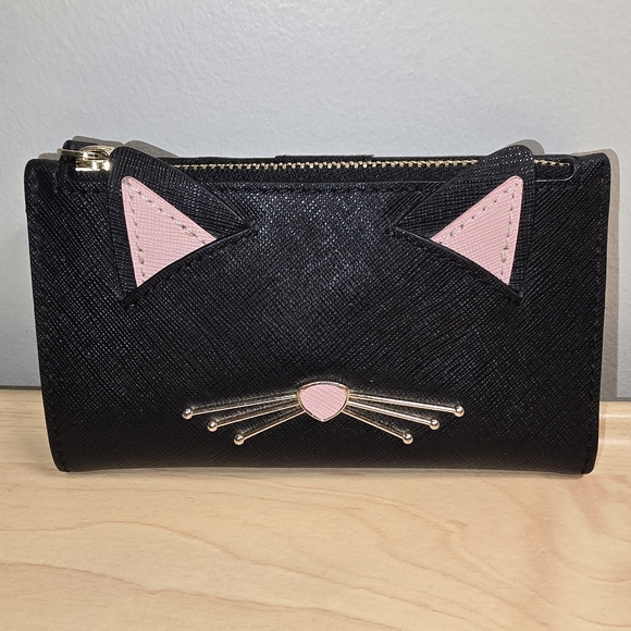 kate spade Handbags - KATE SPADE Black Saffiano Leather Cat Bifold Wallet Mini Case